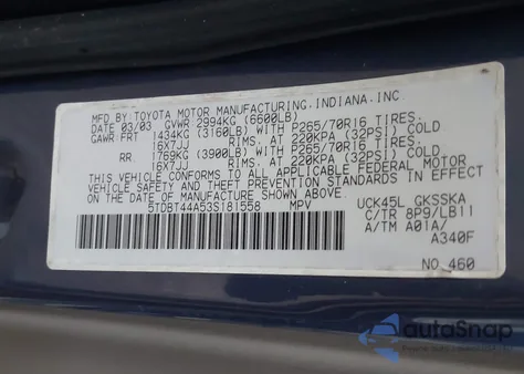 2003 Toyota Sequoia Sr5 V8 z USA, uszkodzony, nr VIN 5TDBT44A53S181558